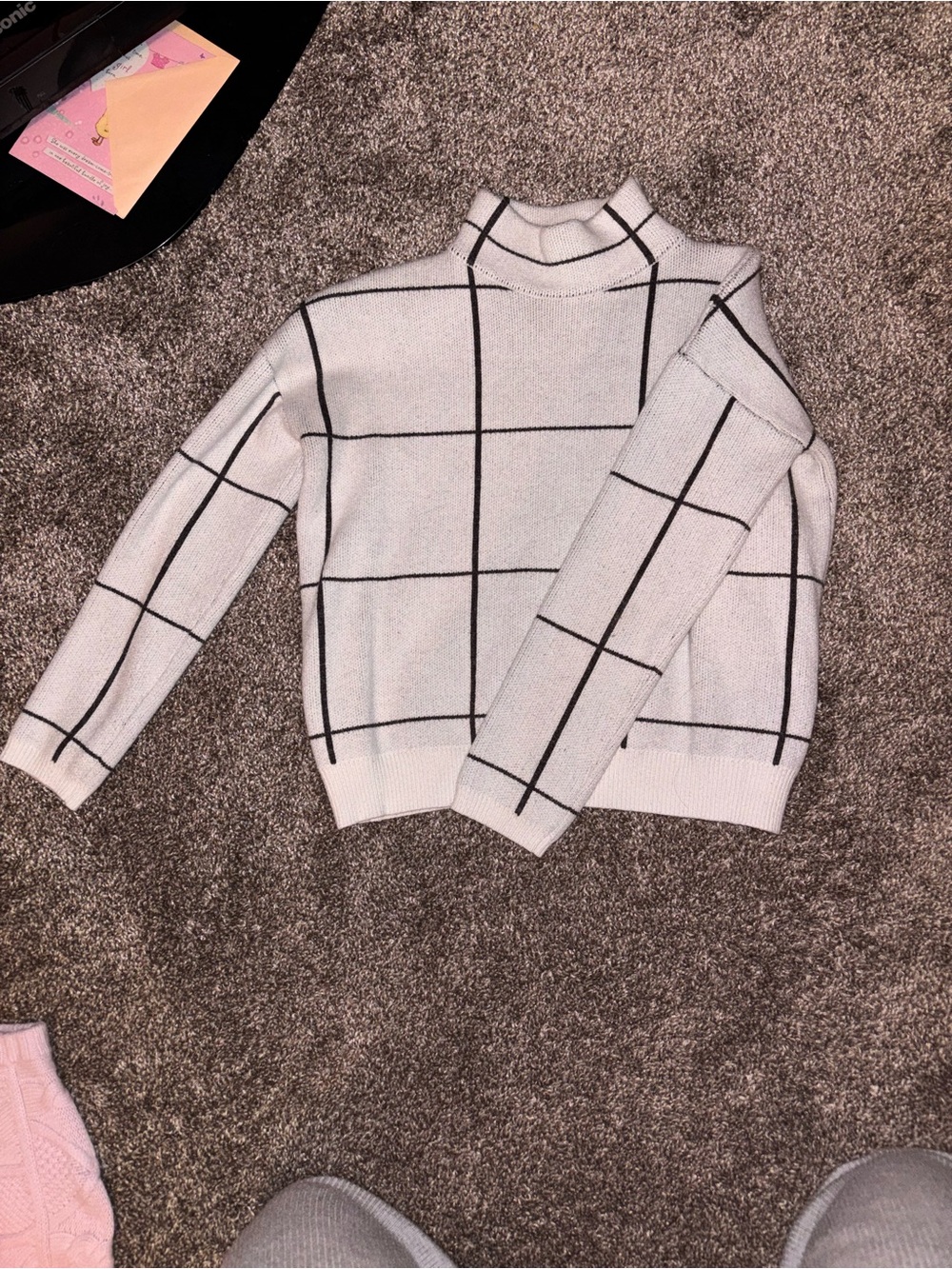 bohme Cream & Black Windowpane Mock Neck Sweater